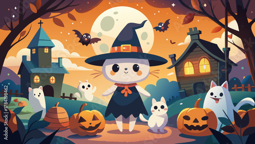 Cute halloween scene with witch cat and spooky elements