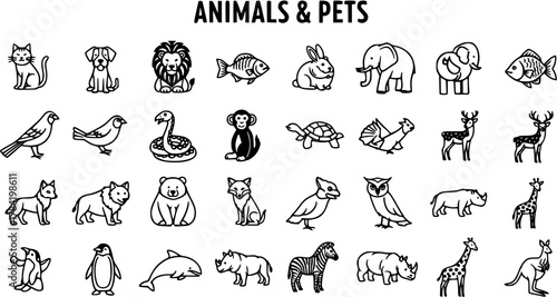 Cute Black Line Animals  Pets Icon Set. Vector Collection of Domestic and Wild Creature Illustrations for Nature and Wildlife Designs.