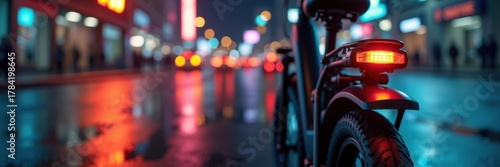Bicycle Tail Light on City Street at Night Electric Bike Close up Shot