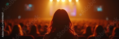 Audience enjoying event at performing arts center with bright stage lights