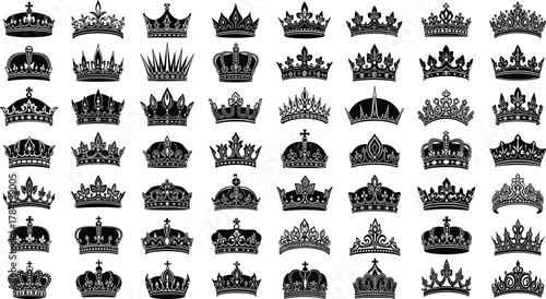 Black crown icon set, royal silhouette collection, vintage regal emblems, heraldic symbols, monarchy clipart, elegant crown illustrations, vector royalty graphics