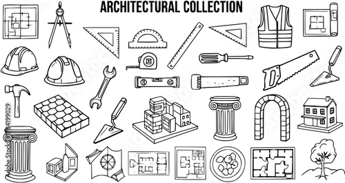 Architectural Collection: Construction Tools, Blueprint, and Building Elements Vector Line Art