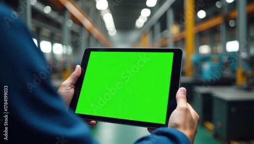 Hand Holding Tablet with Green Screen in Industrial Factory