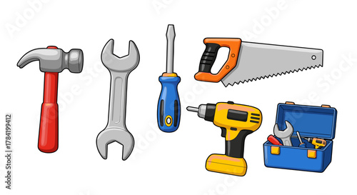 Collection of Hand Tools and Power Drill Isolated on Transparent Background for Repair and DIY Projects