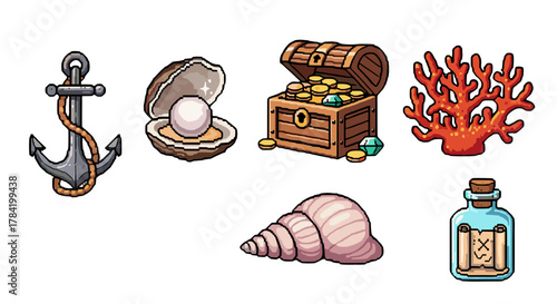 Pixel Art Ocean Treasures Icon Set Featuring Anchor Shell Treasure Chest Coral Seashell and Message in a Bottle Isolated on Black Background