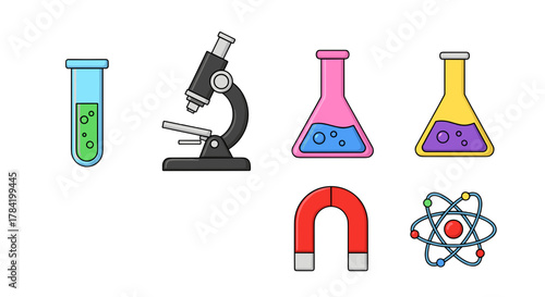 Science Laboratory Equipment Icons Featuring Microscope Flasks Beaker Magnet Atom Isolated on Black Background