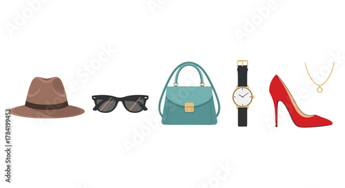 Stylish Fashion Accessories Collection For Women Isolated On Black Background