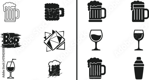 Beer mug, wine glass, bar drink icons set, alcohol beverage vector illustration, cocktail shaker, pub and party symbol collection