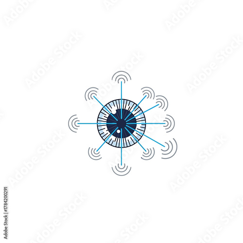Modern graphic depicting an eye emitting wireless signals, symbolizing advanced technological vision, networked intelligence, digital surveillance, and global data connectivity