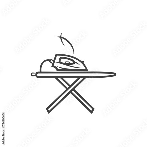 Line art illustration of a hot electric iron on an ironing board, ready for pressing clothes.