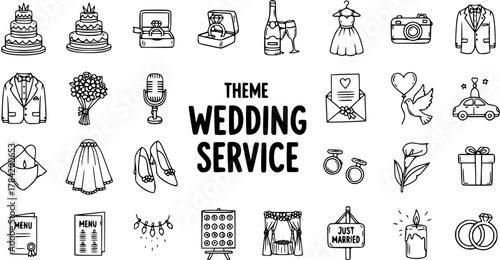 Wedding Service Doodle Icons: Hand-Drawn Bridal Elements for Invitation Design