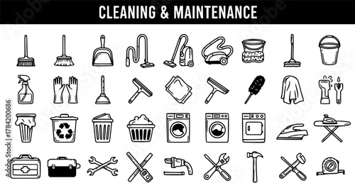 Cleaning and Maintenance Icon Set: Essential Tools  Equipment in Vector Style