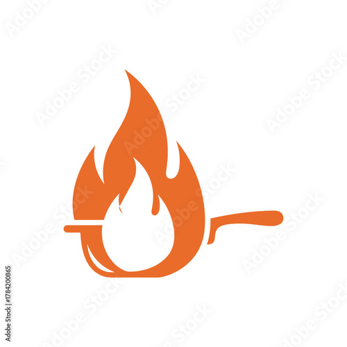 Stylized image of a frying pan with flames rising from it, orange color.
