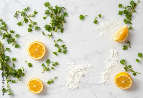 White marble countertop, overhead shot, scattered with fresh herbs, lemon slices, and a sprinkle of flour,  fresh,  clean