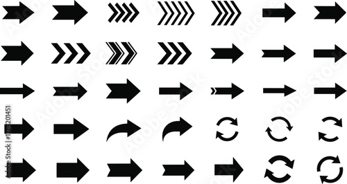 Arrow icon set, black vector arrows, directional symbols, user interface elements, navigation graphics, curved arrows, chevrons, refresh icons