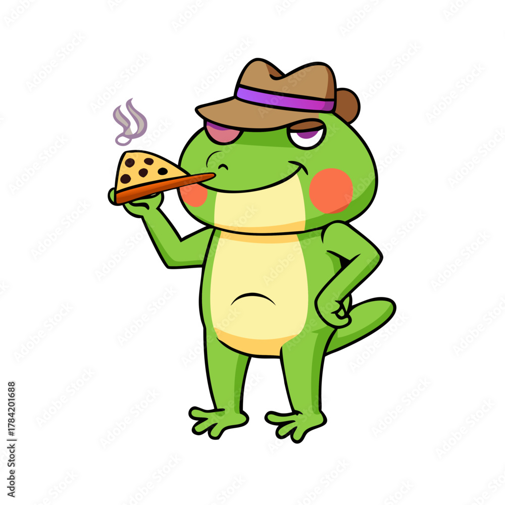 Fototapeta premium Cartoon frog wearing a hat holding a pizza slice and a cigarette cartoon illustration