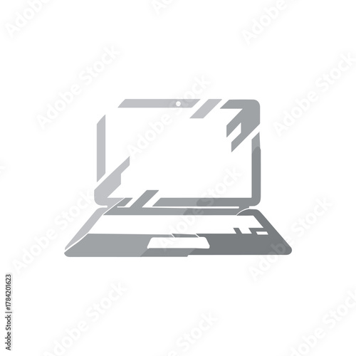 A stylized illustration of a laptop computer, rendered in shades of gray, with a minimalist design.