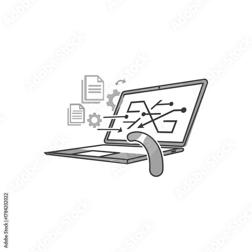 A grayscale illustration of a laptop screen displaying a complex data processing network with arrows, accompanied by documents and gears, symbolizing data analysis and transformation.