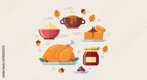 Minimal Flat Thanksgiving Dinner Essentials Icon Set — Turkey, Pie, and Autumn Meal Symbols