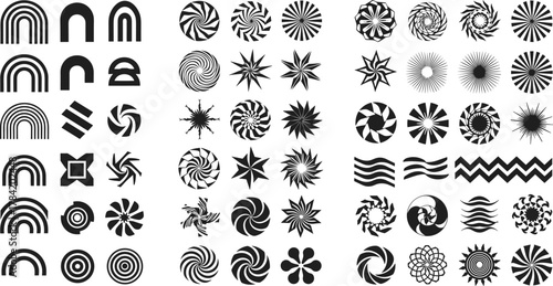 Abstract symbols, geometric shapes, optical illusions, black and white design, spiral patterns, concentric circles, stylized waves, modern minimal art, visual aesthetics, creative icons