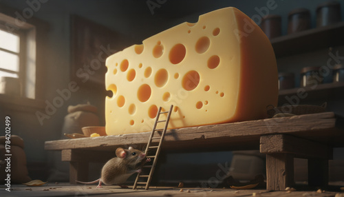 A mouse arranging a ladder to reach a large block of Swiss cheese. Humorous and whimsical illustration. 