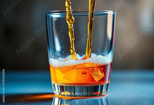 Amber liquid cascades into clear glass, frothy head forming, lager, top view