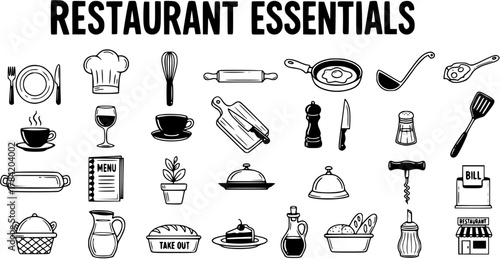 Hand Drawn Restaurant Essentials Vector Icons Set: Kitchen Utensils, Dining, Food, and Beverage Supplies in Outline Doodle Style