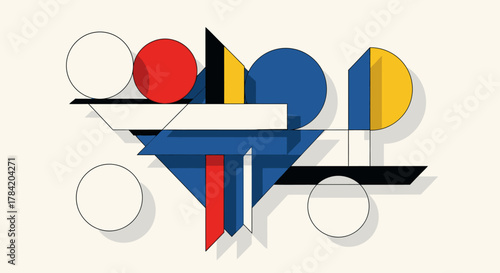 Dynamic abstract geometric composition featuring bold primary colors and modern design elements, perfect for graphic art and branding.