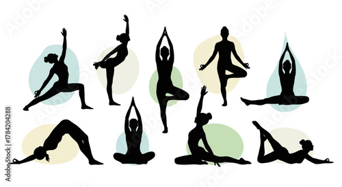 Dynamic yoga silhouettes showcase diverse poses and mindful movement, perfect for wellness and fitness branding.