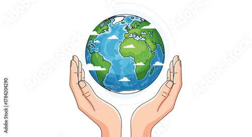 Nurturing hands cradle vibrant Earth, symbolizing global care, environmental protection, and our planet's future in a hopeful vision