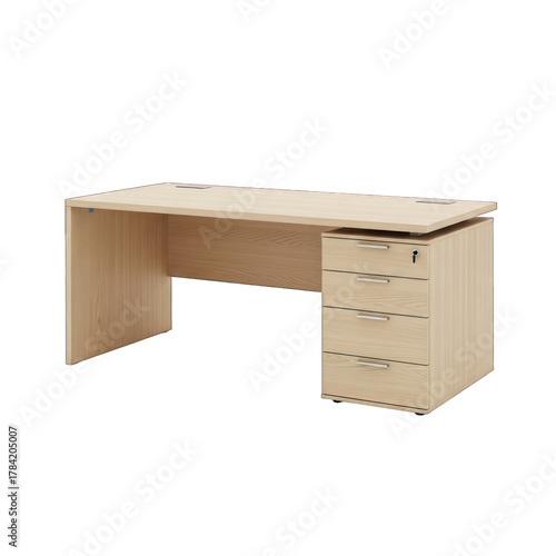Modern light wood office desk with drawers and a key on black on white background