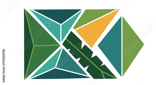 Vibrant geometric abstract design with tropical leaf accents and modern color palette creates dynamic visual appeal for branding and art projects