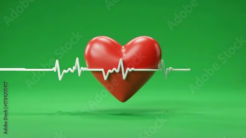 Red heart symbol with white electrocardiogram line pulsing across green background medical health