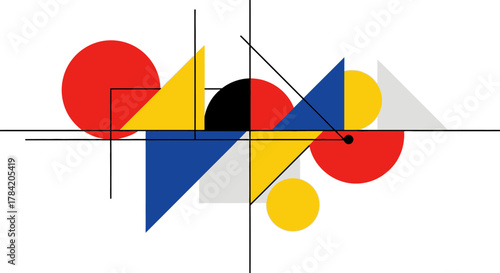 Dynamic abstract composition featuring geometric shapes circles triangles lines in vibrant primary colors red blue yellow black white modern art