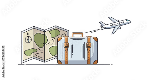 Embark on your next adventure with a vintage suitcase, unfolded map, and soaring airplane symbolizing global travel dreams and exciting journeys ahead
