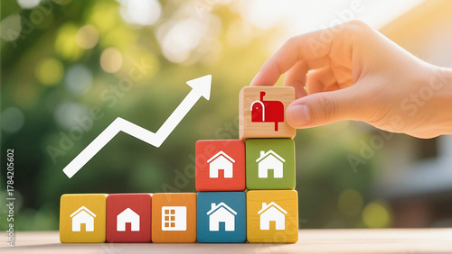 Real estate market is booming now, invest today with fast appreciation, hand placing block on upward trend with mailbox representing homeownership
