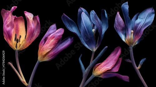 Five wilted tulips with vibrant colors against a black background. The flowers are in various stages of wilting, with petals falling off and the stems showing signs of decay.