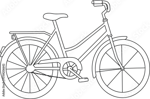 Black and white bicycle drawing, line art bike, detailed cycle illustration, road bike sketch, pedal, wheels, seat, handlebars, chain, rack