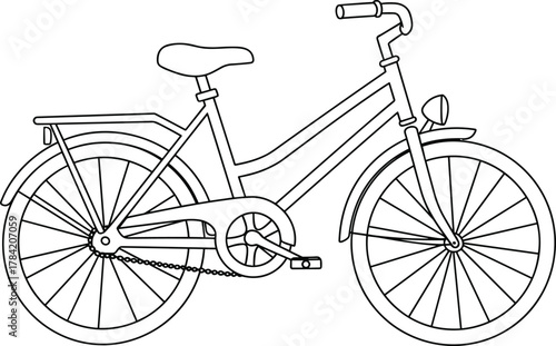 Black and white bicycle illustration, line art city bike, step-through frame, urban transport drawing, pedals, chain, wheels, rack, fenders, headlightBlack and white bicycle illustration,