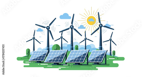 Harnessing the power of nature with vibrant solar panels and majestic wind turbines under a bright, sunny sky