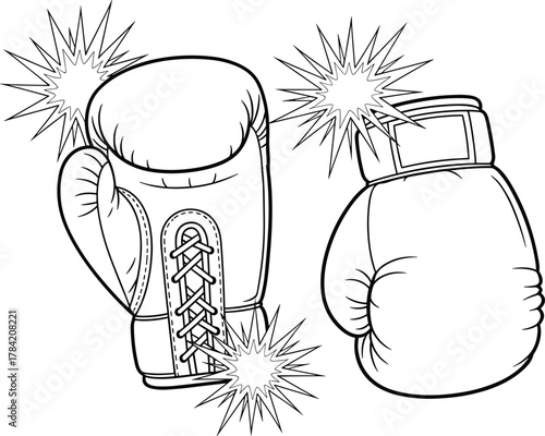 Boxing gloves illustration, lace-up and Velcro style, black and white drawing, punch burst, sports gear, combat equipment, vector art
