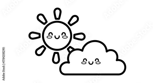Adorable cartoon sun and cloud characters smiling sweetly, perfect for children's educational content or cheerful weather themes.