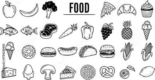 Hand-drawn Doodle Food Icons Set. Outline Cartoon Collection of Various Meals, Fruits, Vegetables, Desserts, Meat, and Fast Food Items