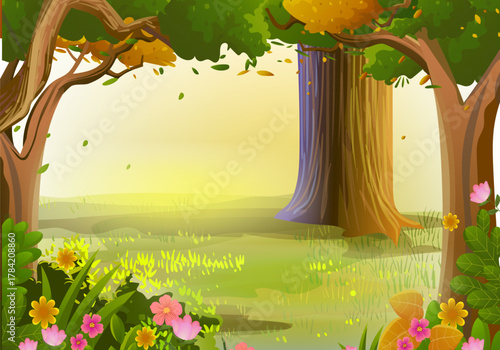 Beautiful farmland in counrtyside rural landscape background vector illustration. Cartoon scene with cloud and sky in sunny day.