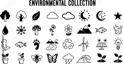 Environmental Collection of Nature and Ecology Icons - Simple Black and White Vector Symbols for Climate, Renewable Energy, and Wildlife