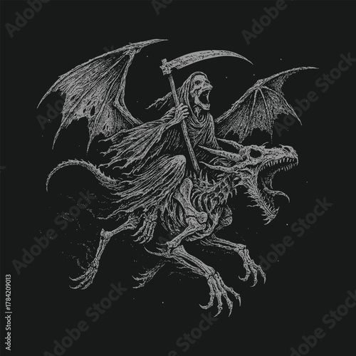 Winged Reaper Riding Dragon monochrome fantasy illustration