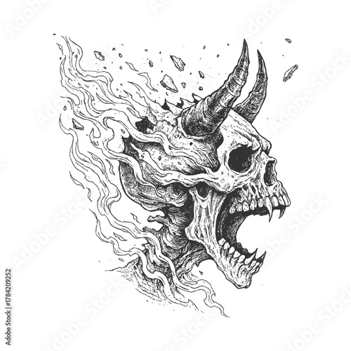 Hand Drawn Flaming Screaming Demon Skull Vector
