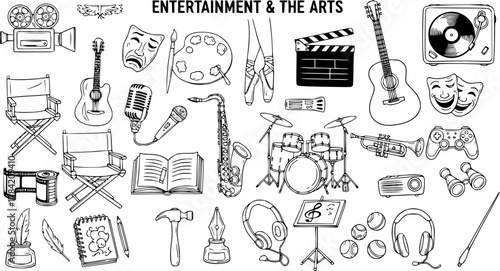 Hand-drawn Doodle Collection of Entertainment and Arts Elements: Music, Film, Theater, Gaming, and Creative Hobbies