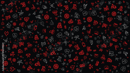 Seamless pattern vector featuring scattered, hand-drawn firefighter and safety equipment  in high-contrast red, black, and gray. Ideal for emergency services branding, safety education, or stationery.