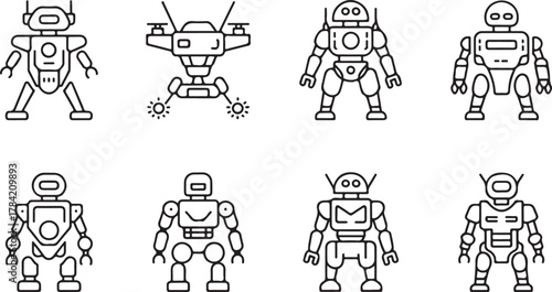 Futuristic Robot and Machine Icon Set: Androids, Rover, and Advanced Robotics Technology